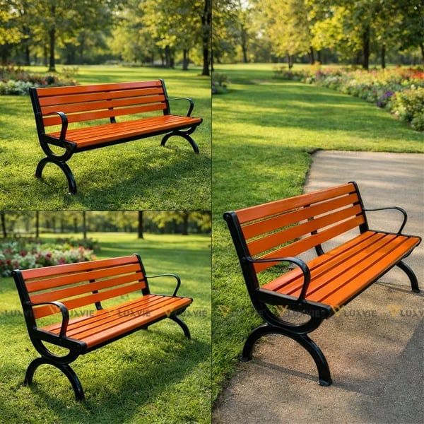 Ghế dài công viên khung nhôm đúc sơn tĩnh điện và nan nhựa giả gỗ