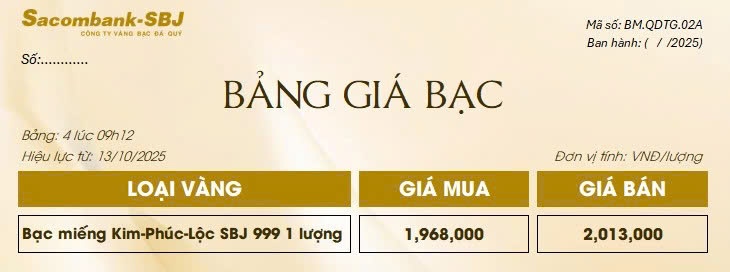 Bảng Tỷ Giá Bạc - Ngày 13/10/2025 - Bảng 4