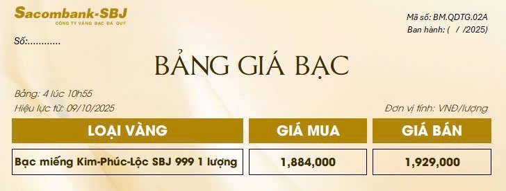 Bảng Tỷ Giá Bạc - Ngày 09/10/2025 - Bảng 4
