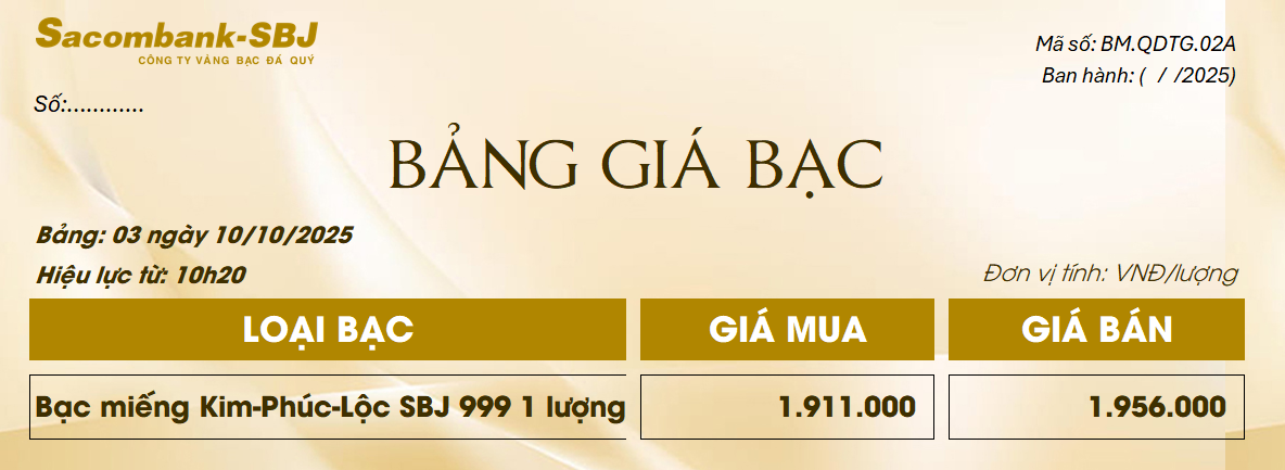 Bảng Tỷ Giá Bạc - Ngày 10/10/2025 - Bảng 3