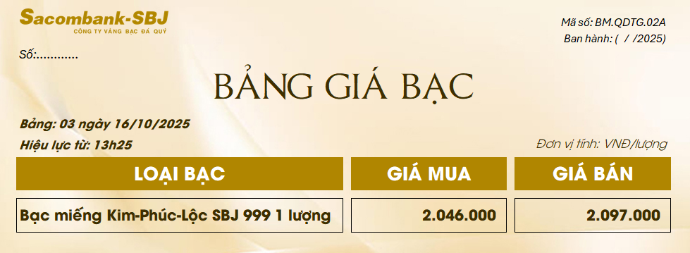 Bảng Tỷ Giá Bạc - Ngày 16/10/2025 - Bảng 3