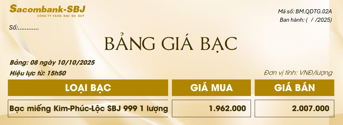 Bảng Tỷ Giá Bạc - Ngày 10/10/2025 - Bảng 8