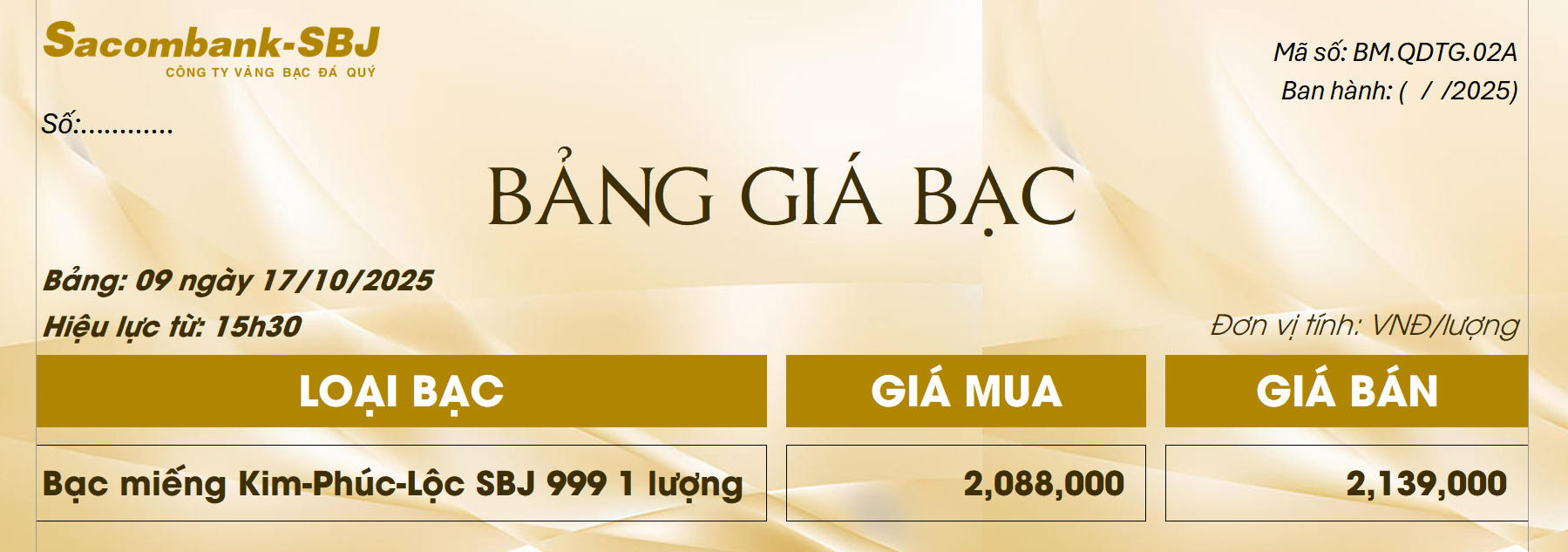 Bảng Tỷ Giá Bạc - Ngày 17/10/2025 - Bảng 9