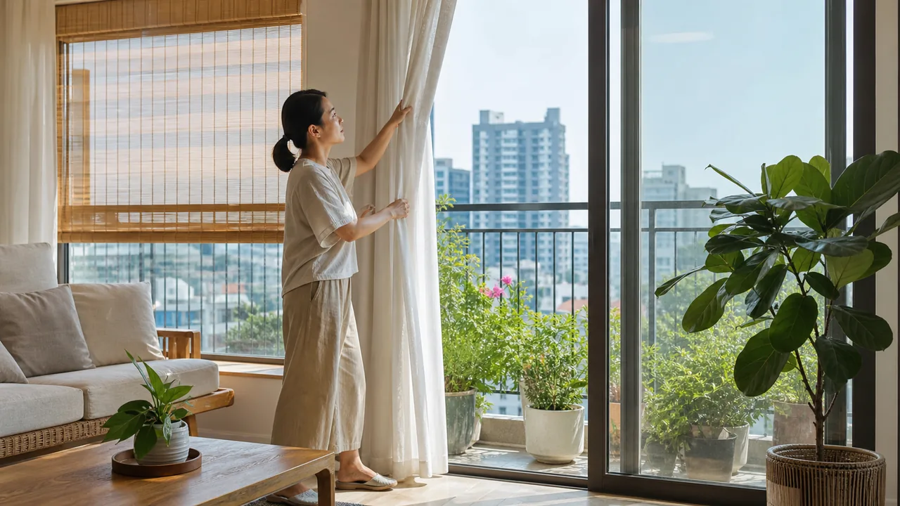 Rèm, cây xanh và mành che giúp giảm nắng trực tiếp.
