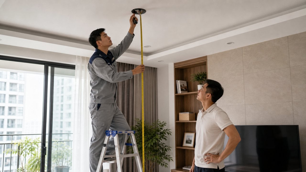 Kiểm tra chiều cao trần và điểm lắp giúp quạt vận hành an toàn.