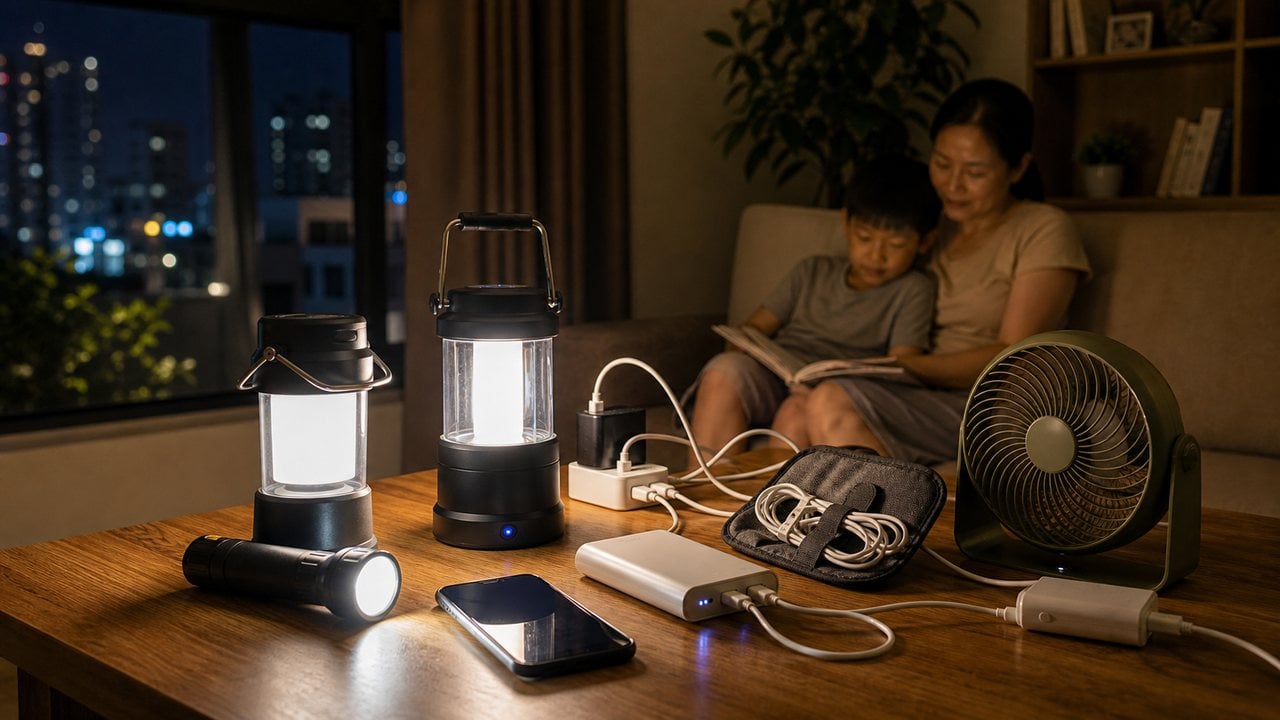 Đèn sạc, pin dự phòng và dây sạc nên được đặt ở nơi dễ lấy.