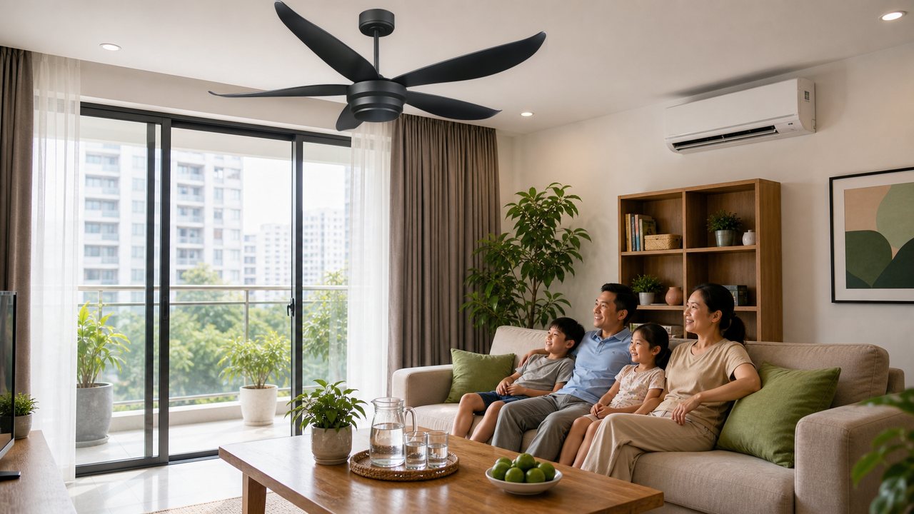 Quạt trần hỗ trợ điều hòa phân bổ hơi mát đều hơn.
