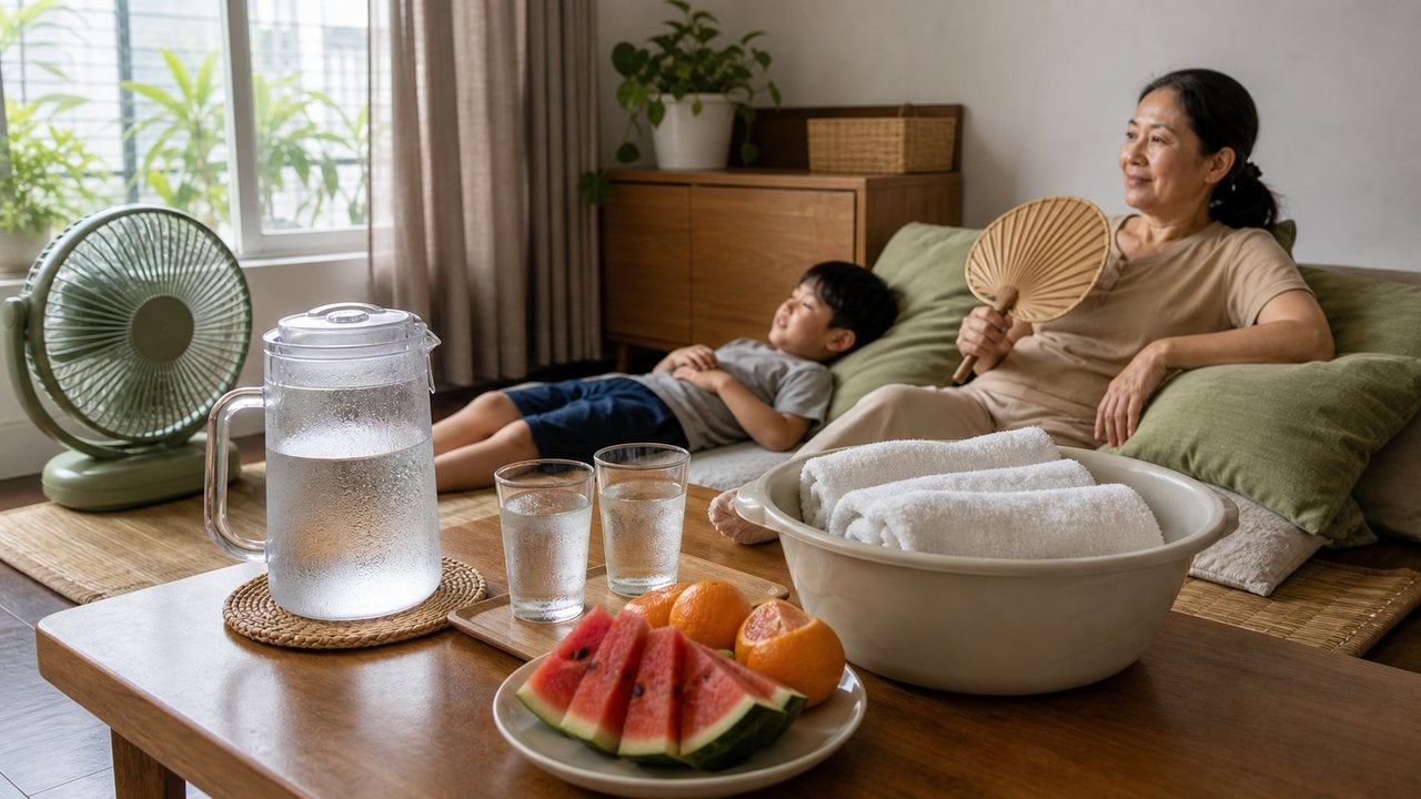 Nước uống, trái cây và khăn sạch giúp cơ thể hạ nhiệt dễ hơn.
