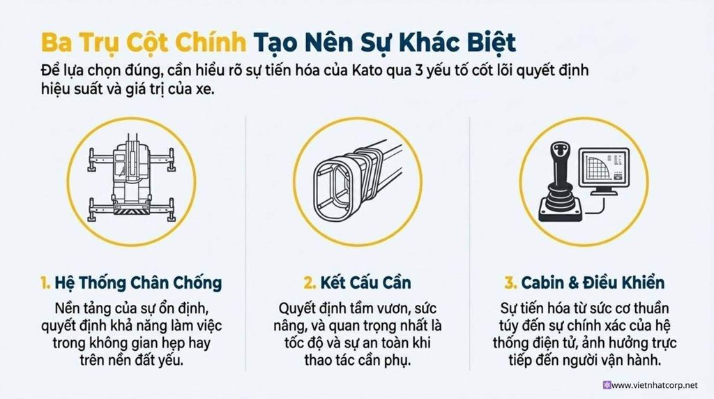 Tổng quan các đời xe cẩu Kato 25 Tấn: Minh họa ba yếu tố cốt lõi quyết định hiệu suất và giá trị của xe cẩu Kato 25 tấn: Hệ thống chân chống, kết cấu cần và cabin điều khiển.