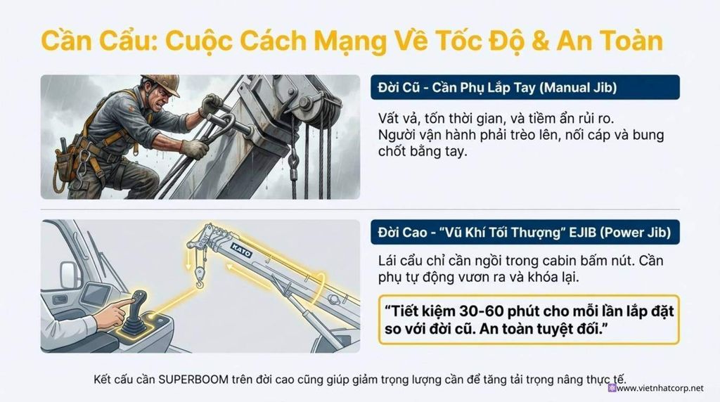 So sánh cần phụ lắp tay thủ công và cần phụ tự động EJIB trên các dòng xe cẩu Kato 25 tấn, nhấn mạnh sự cải tiến về tốc độ và an toàn.