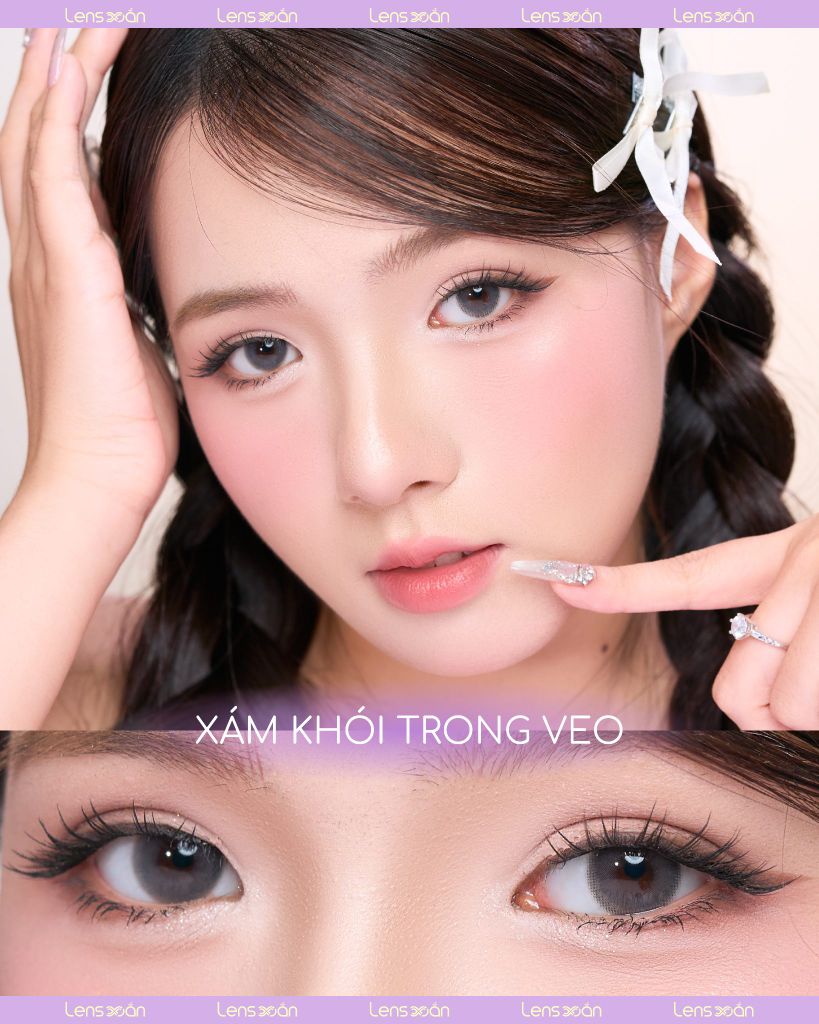 Lens Dear Gray OLENS màu xám khói tinh khiết, ánh sáng sương mai tự nhiên, ảnh chụp cận mắt trong điều kiện sáng tự nhiên.