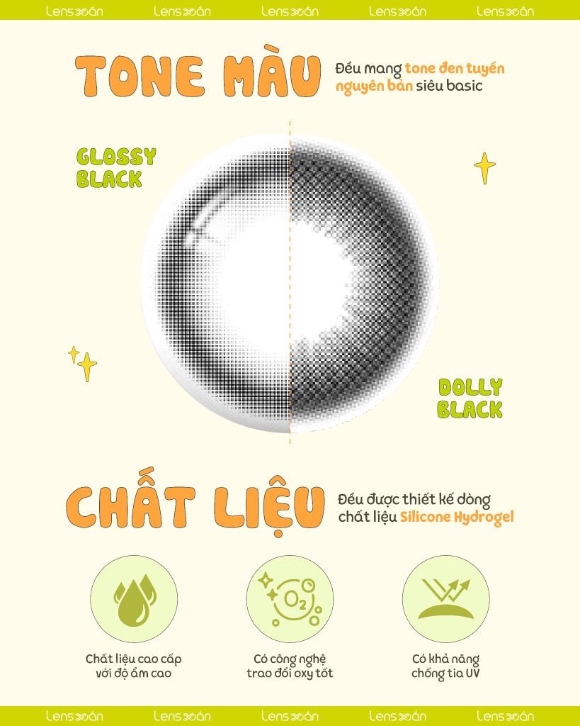 So sánh lens đen Glossy Black và Dolly Black hot trend 2025