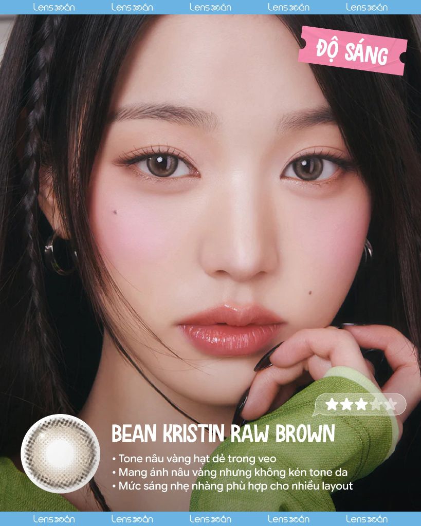 Bean Kristin Raw Brown – Lens nâu vàng hạt dẻ trong veo 1 ngày cho mắt nhạy cảm