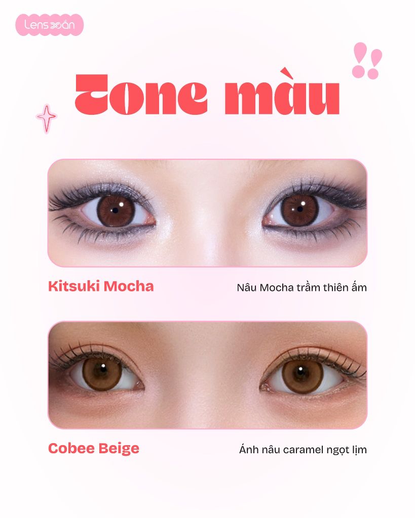 So sánh lens Kitsuki Mocha và Cobee Beige nâu giãn tròng chính hãng