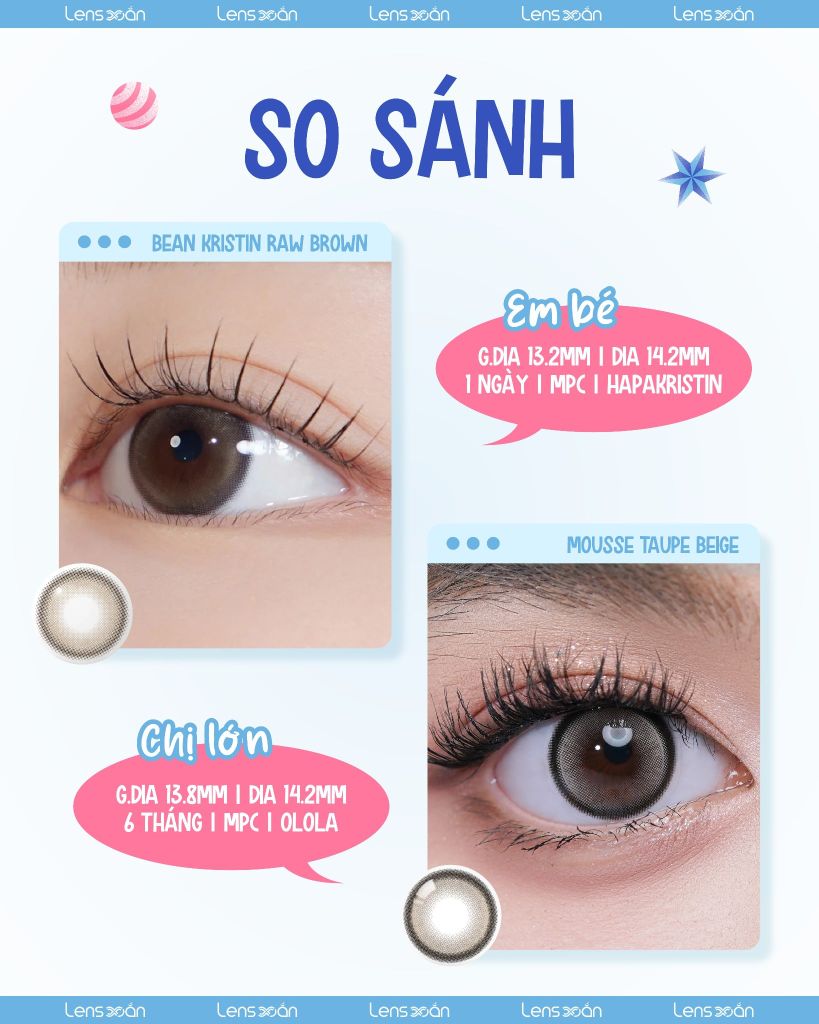 Size gap lens nâu khói Bean Kristin Raw Brown và Mousse Taupe Beige đeo lên mắt thực tế
