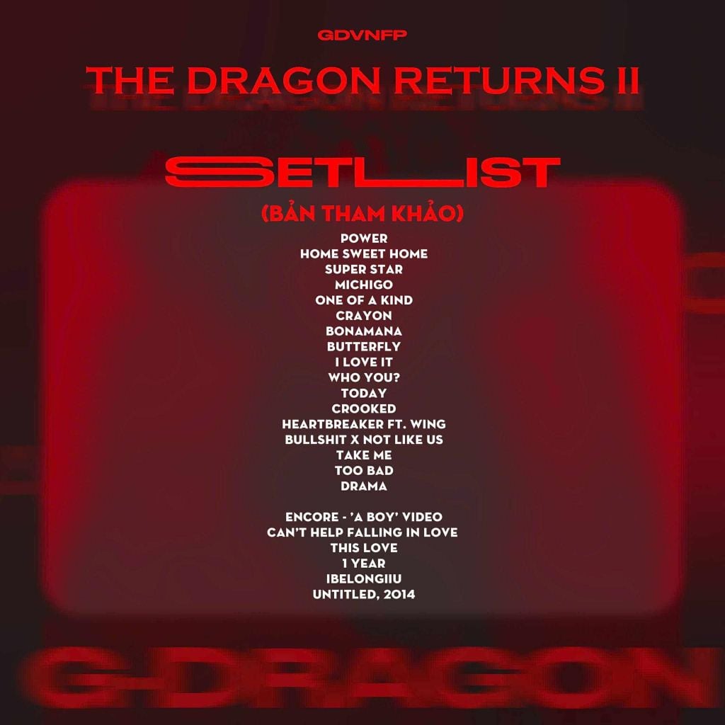Setlist tham khảo G-DRAGON [ÜBERMENSCH] WORLD TOUR
