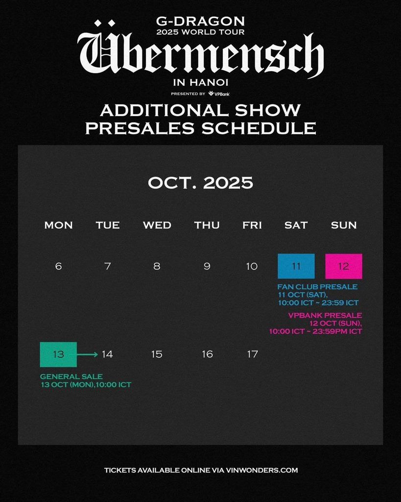 G-DRAGON 2025 WORLD TOUR [Übermensch] Hà Nội – Lịch mở bán vé đêm 2