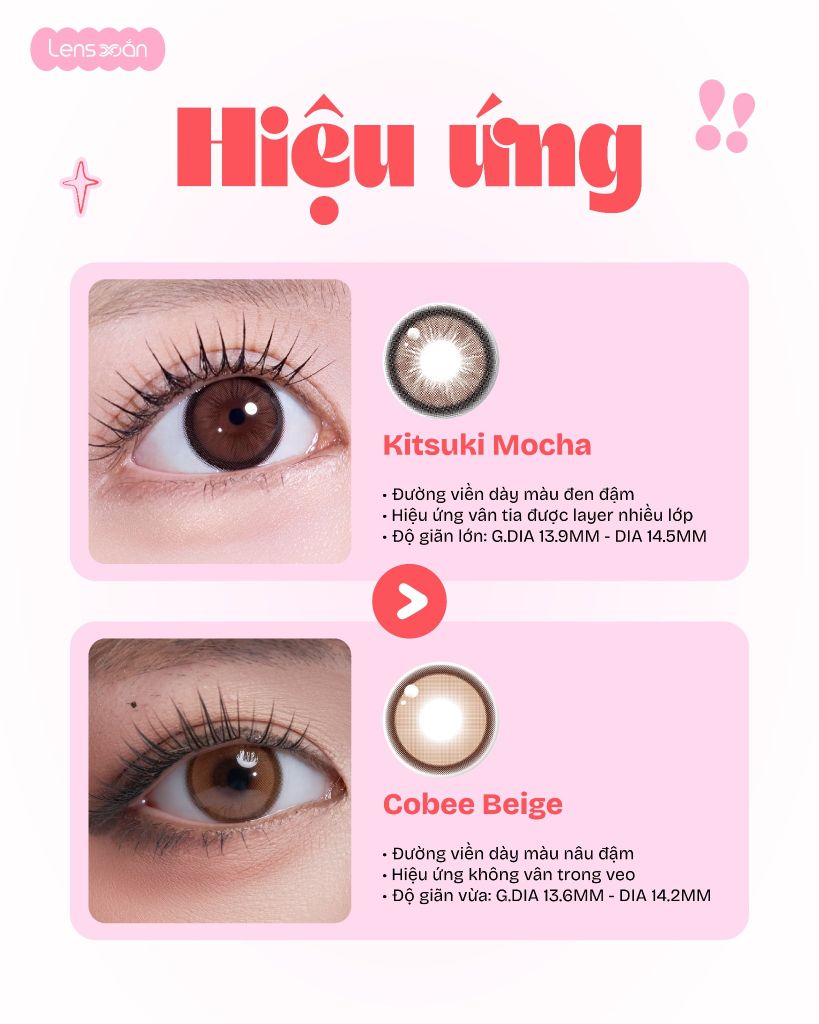 So sánh lens Kitsuki Mocha và Cobee Beige nâu giãn tròng chính hãng
