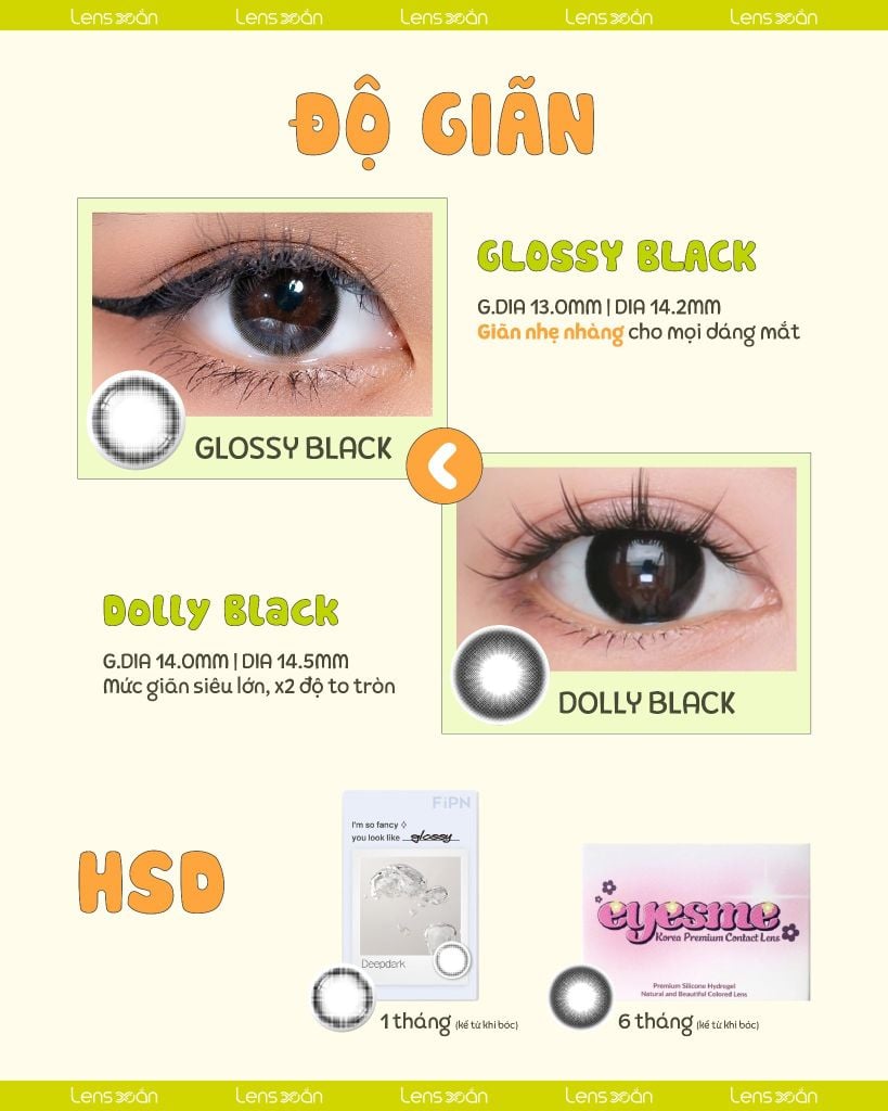 So sánh lens đen Glossy Black và Dolly Black hot trend 2025