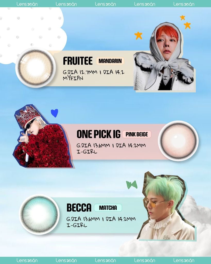 Lens đẹp cho concert G-DRAGON, FRUITEE MANDARIN, ONE PICK IG PINK BEIGE, BECCA MATCHA