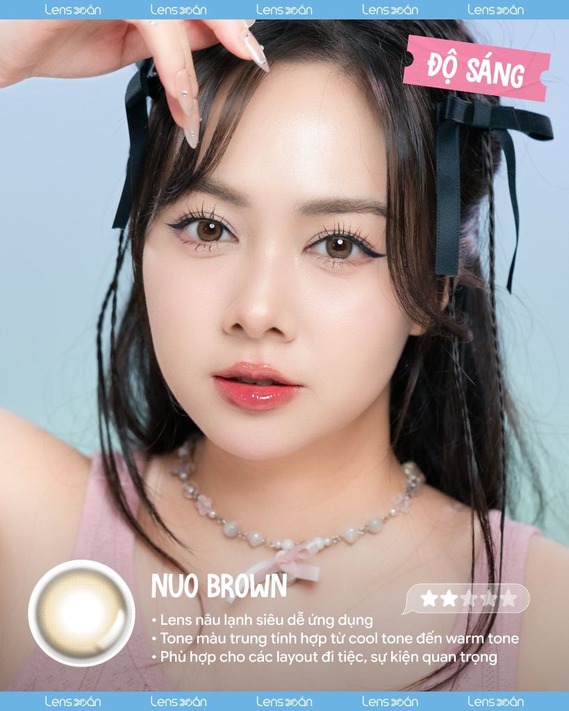 NUO Brown – Lens nâu cát lạnh tự nhiên không vân, viền blur nhẹ, đeo êm cho mắt nhạy cảm