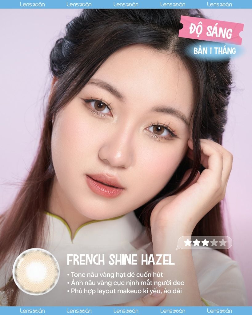 Lens French Shine Hazel 1 tháng Olens tone nâu hạt dẻ không viền tự nhiên