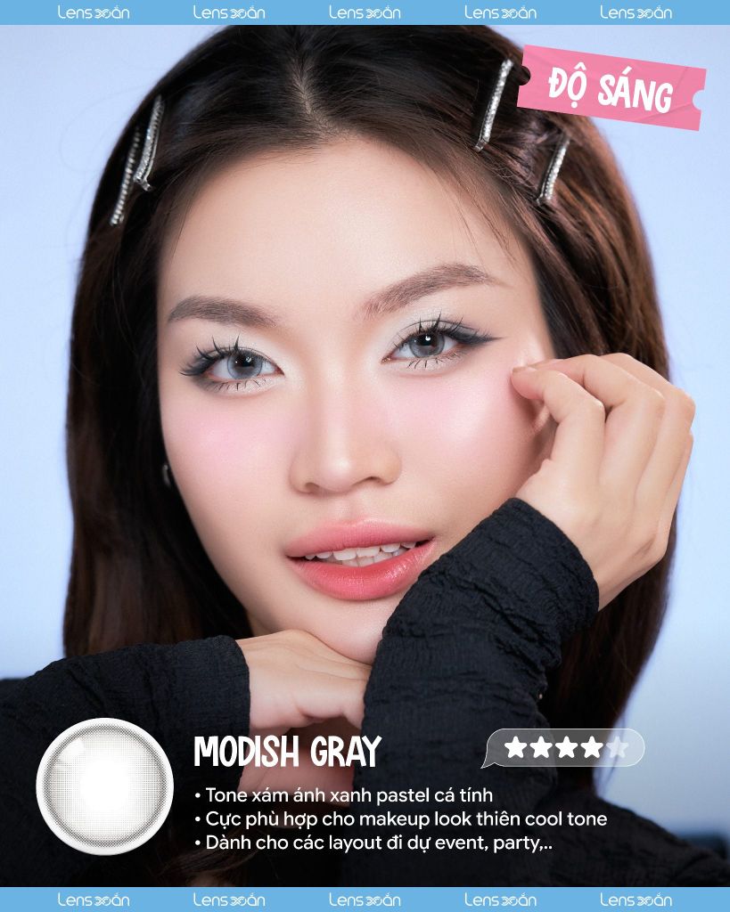 Modish Gray OLOLA – Lens xám kim loại ánh xanh pastel long lanh, bắt sáng cá tính