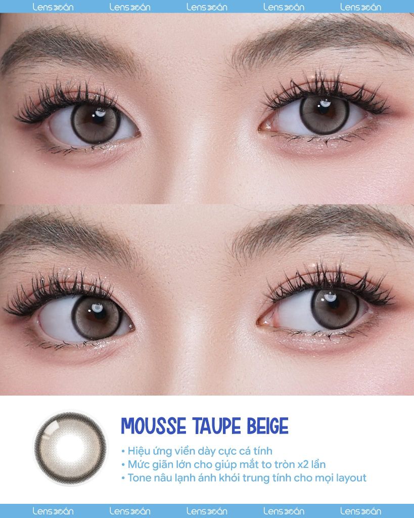 Size gap lens nâu khói Bean Kristin Raw Brown và Mousse Taupe Beige đeo lên mắt thực tế