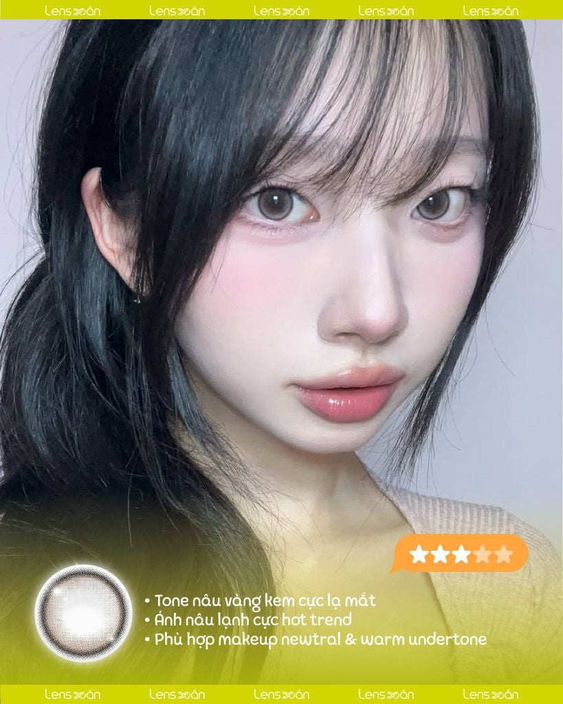 Moon Gleam Rom’u nâu vàng ánh kem giãn tròng 14.5mm lên mắt tự nhiên