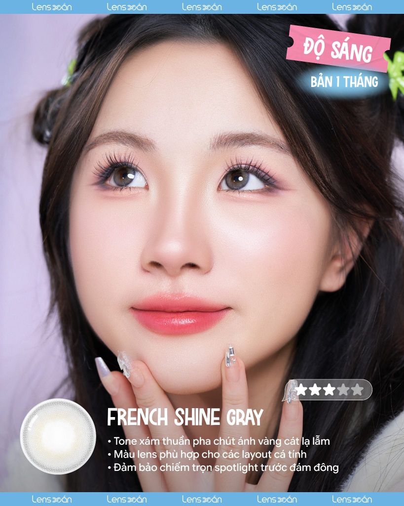 Lens French Shine Gray 1 tháng màu xám sáng tự nhiên đeo hàng ngày