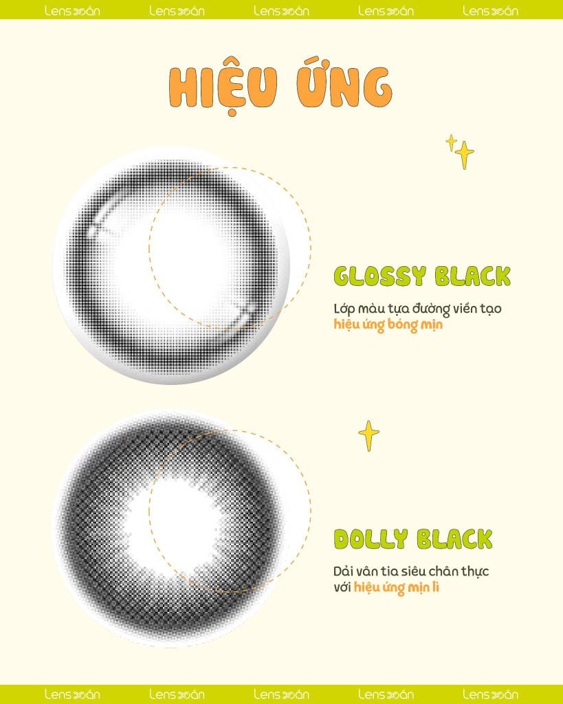 So sánh lens đen Glossy Black và Dolly Black hot trend 2025