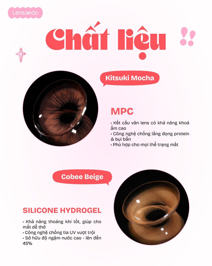 So sánh lens Kitsuki Mocha và Cobee Beige nâu giãn tròng chính hãng