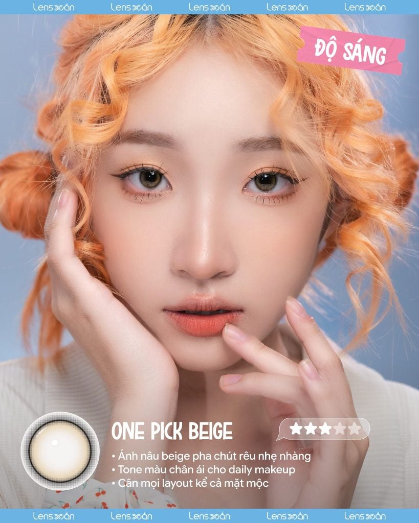 One Pick Beige – Lens nâu beige pha rêu nhẹ tự nhiên cho đôi mắt to tròn trong trẻo