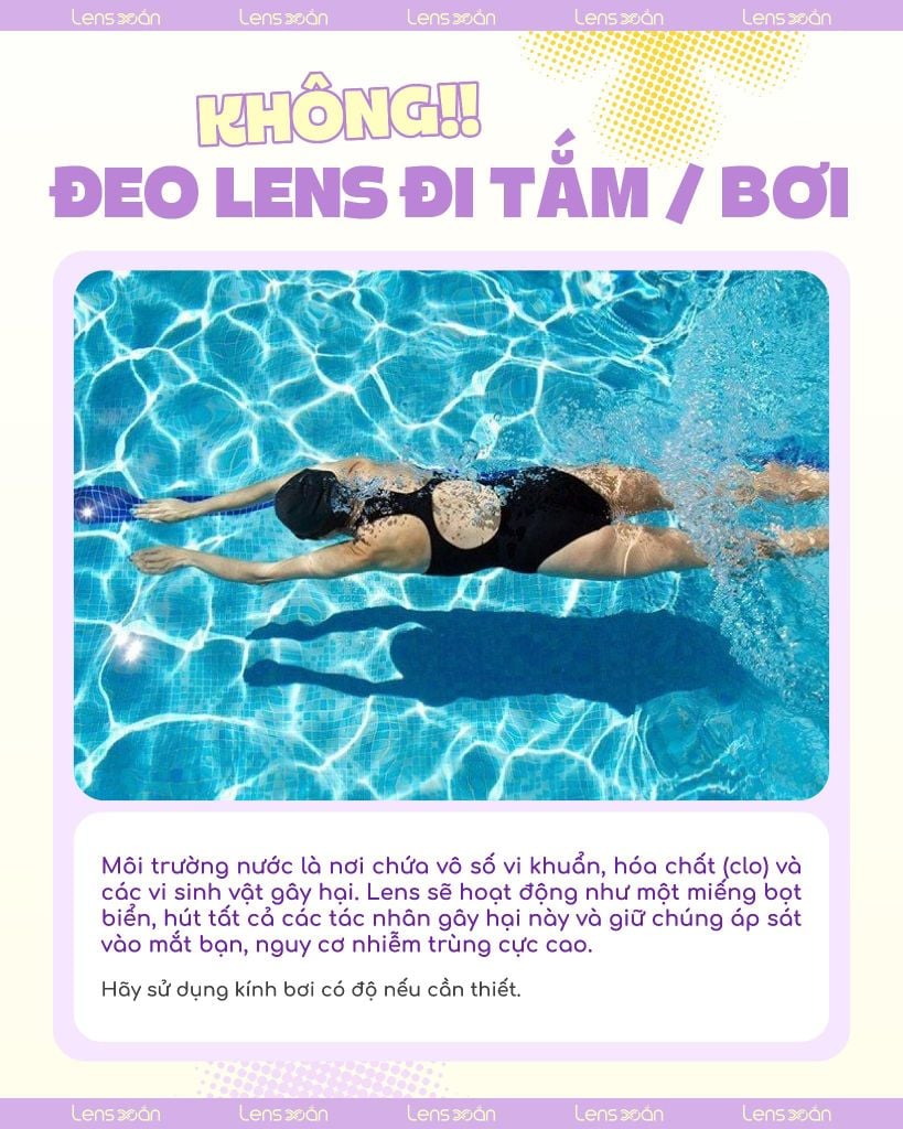 KHÔNG đeo lens khi tắm hoặc bơi – Bảo vệ mắt từ Lens Xoắn
