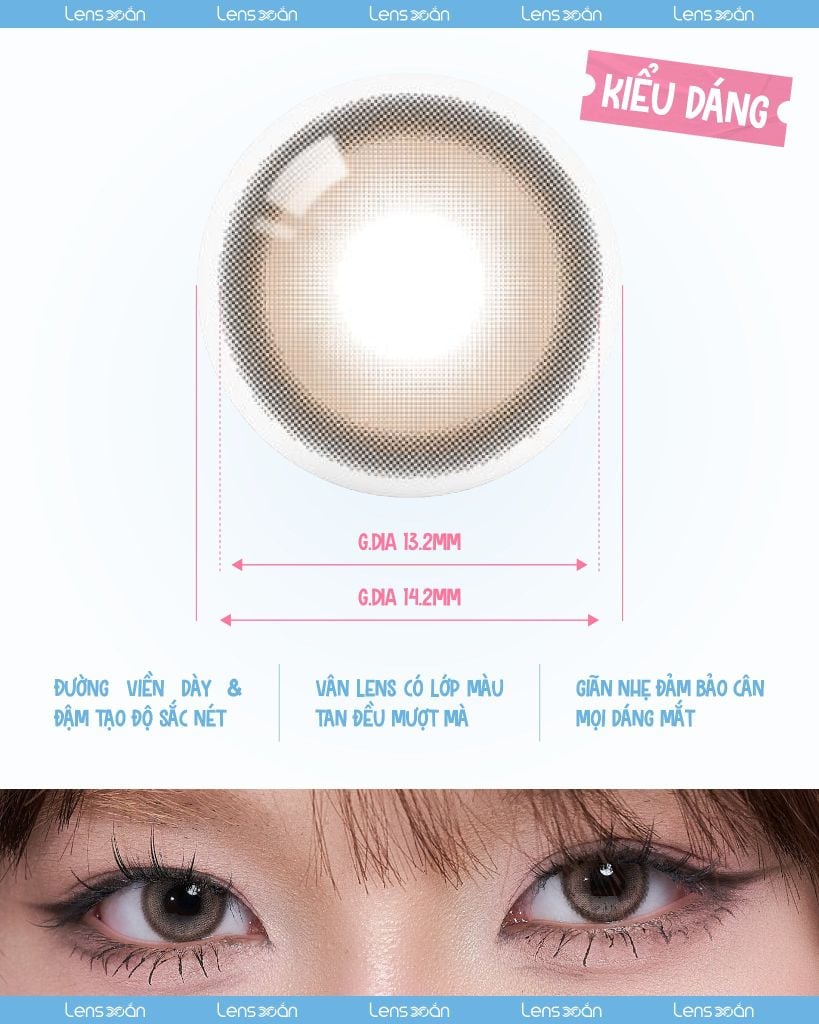 Lens GLINT BROWN OLOLA nâu cát lạnh beige giãn nhẹ G.DIA 13.2mm viền đen sắc nét