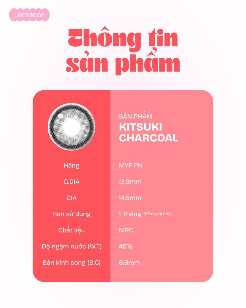 Kitsuki Charcoal MYFIPN lens xám giãn tròng 14.5 chính hãng Lens Xoắn