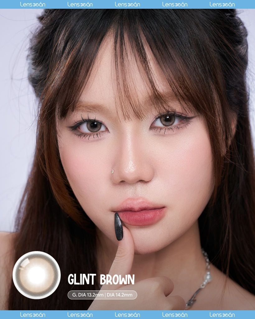 Lens GLINT BROWN OLOLA nâu cát lạnh beige giãn nhẹ G.DIA 13.2mm viền đen sắc nét