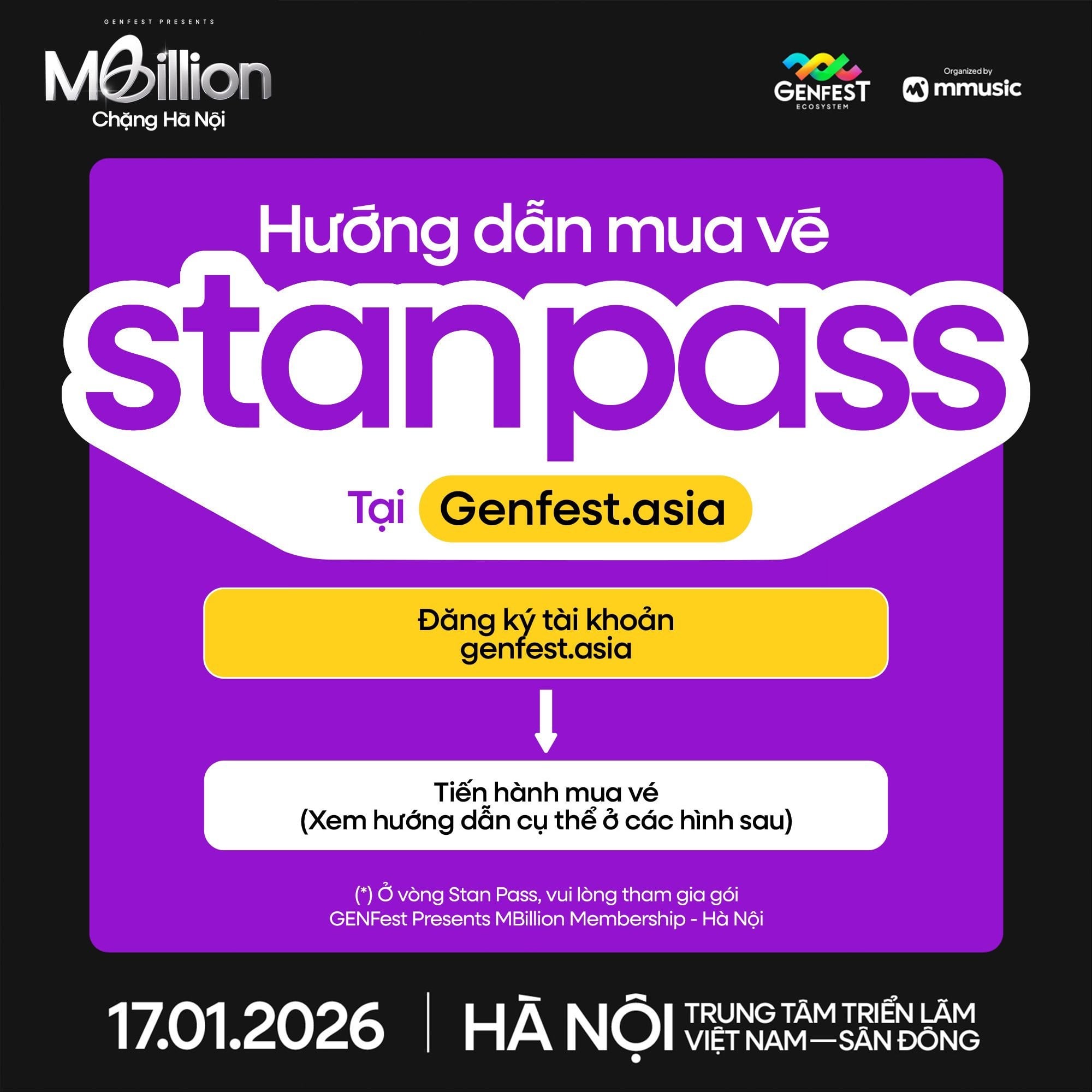 Poster thông báo GENfest Presents MBILLION Hà Nội 17.01.2026 – thông tin vé và hướng dẫn mua vé