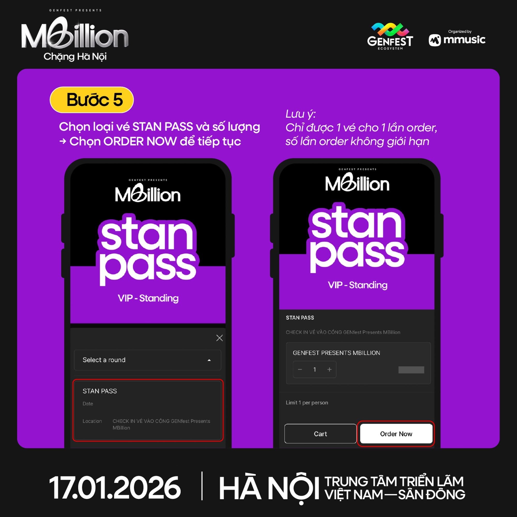 Poster thông báo GENfest Presents MBILLION Hà Nội 17.01.2026 – thông tin vé và hướng dẫn mua vé