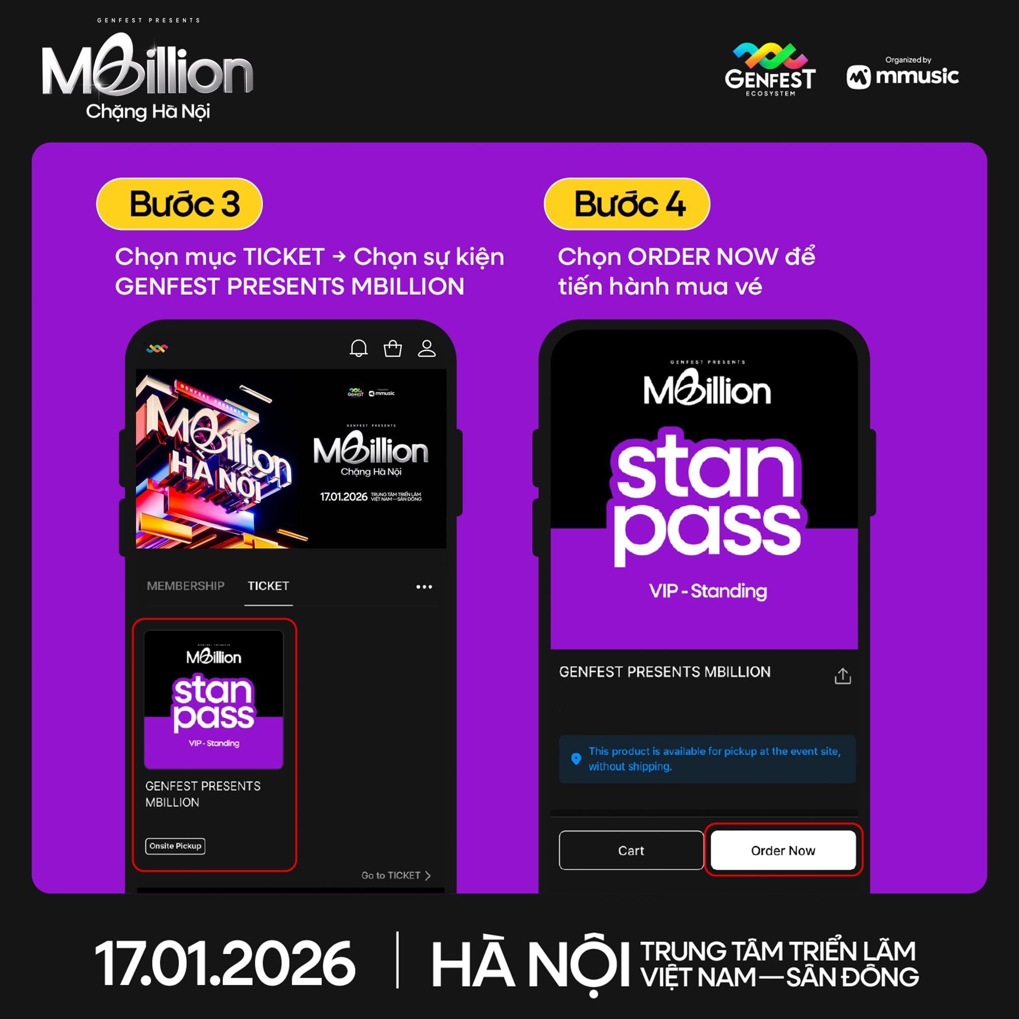 Poster thông báo GENfest Presents MBILLION Hà Nội 17.01.2026 – thông tin vé và hướng dẫn mua vé