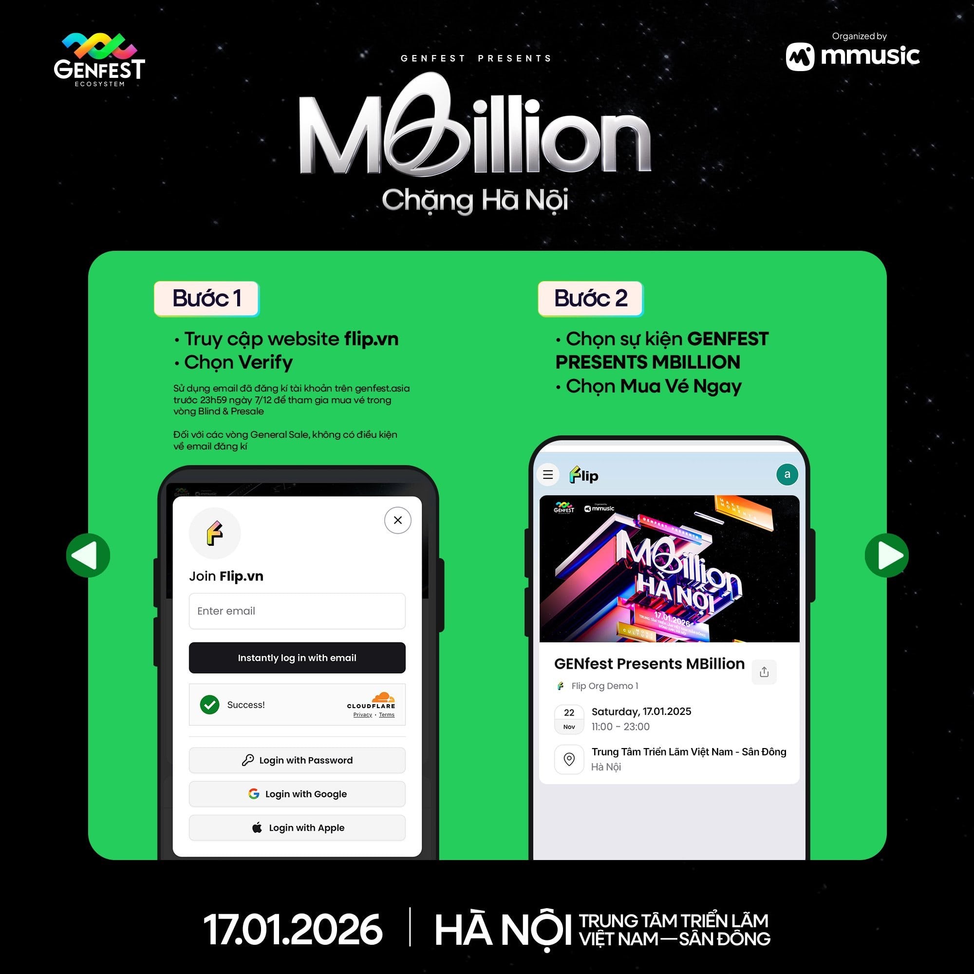 Poster thông báo GENfest Presents MBILLION Hà Nội 17.01.2026 – thông tin vé và hướng dẫn mua vé