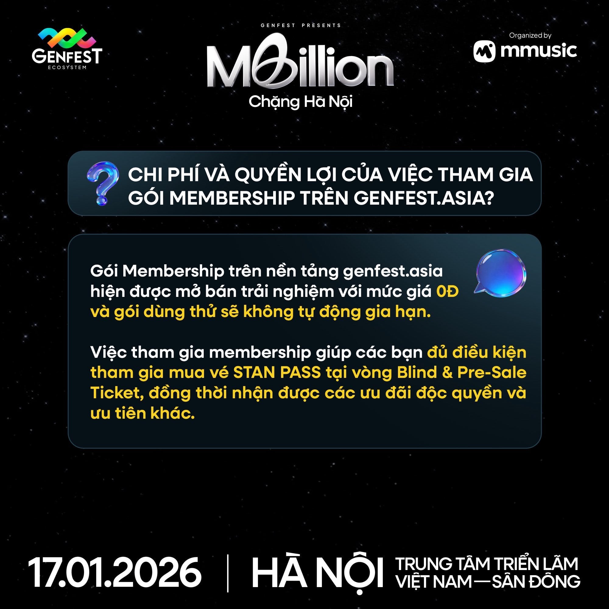 Poster thông báo GENfest Presents MBILLION Hà Nội 17.01.2026 – thông tin vé và hướng dẫn mua vé