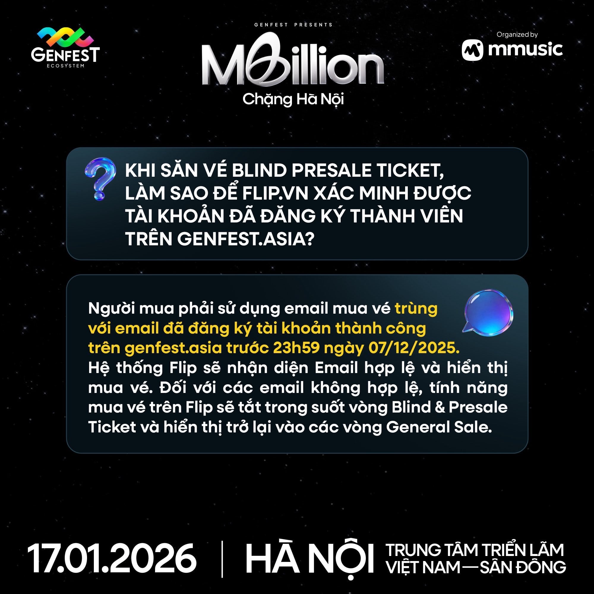 Poster thông báo GENfest Presents MBILLION Hà Nội 17.01.2026 – thông tin vé và hướng dẫn mua vé