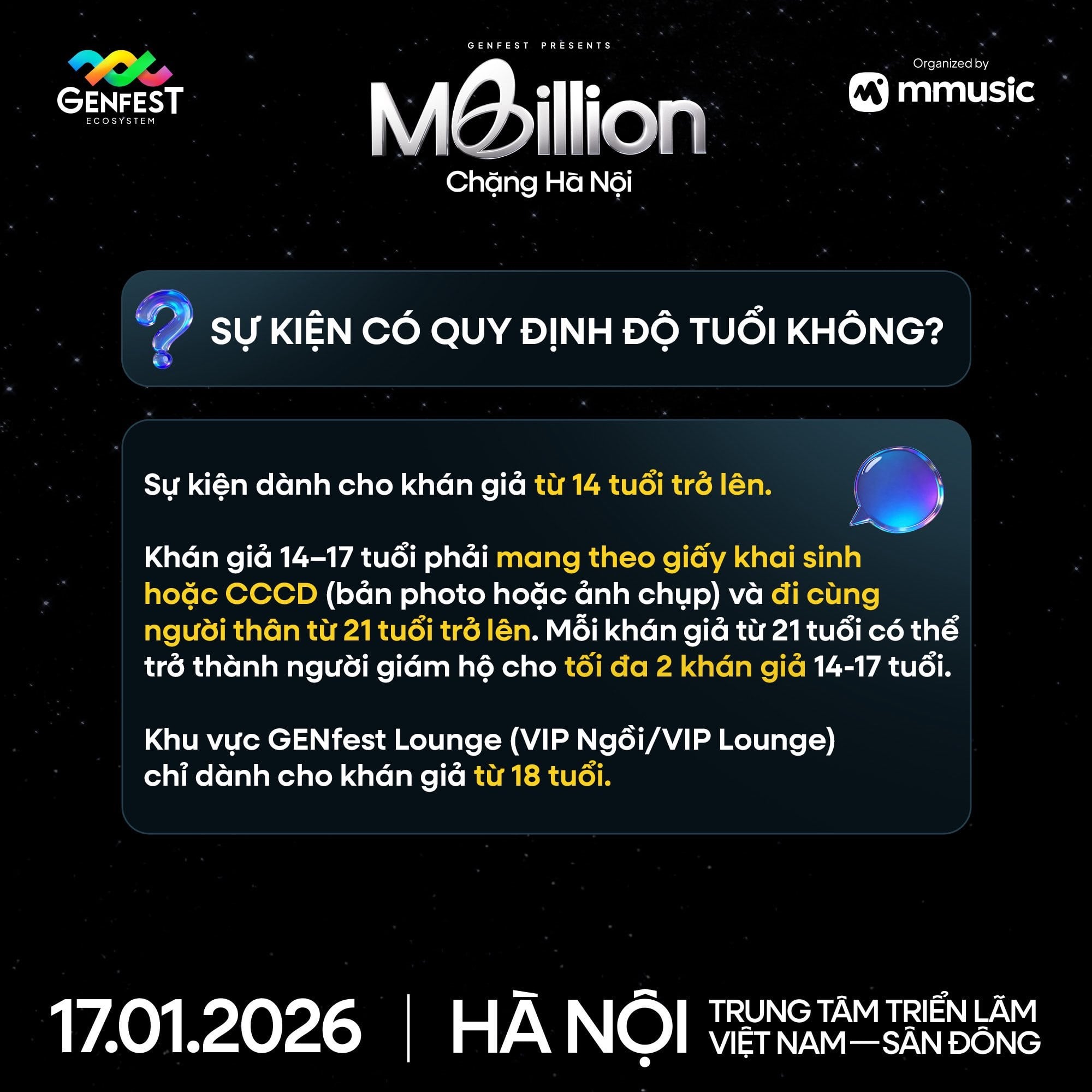 Poster thông báo GENfest Presents MBILLION Hà Nội 17.01.2026 – thông tin vé và hướng dẫn mua vé