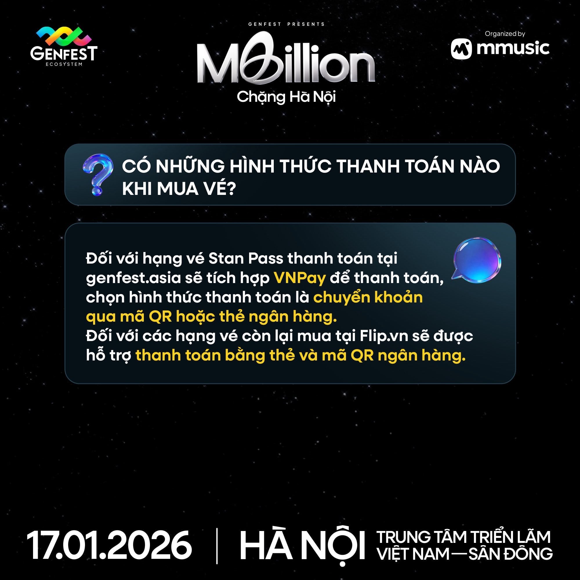 Poster thông báo GENfest Presents MBILLION Hà Nội 17.01.2026 – thông tin vé và hướng dẫn mua vé