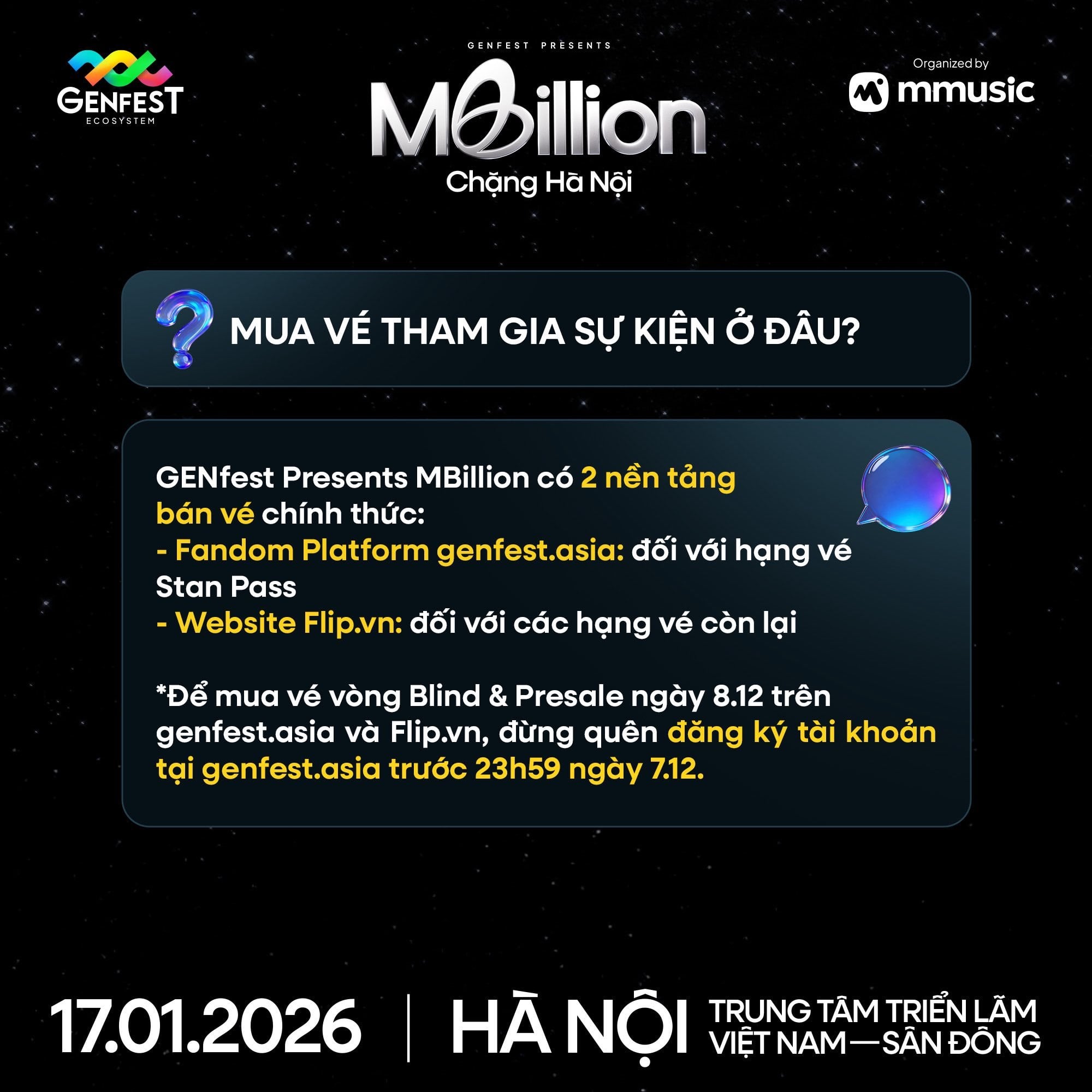 Poster thông báo GENfest Presents MBILLION Hà Nội 17.01.2026 – thông tin vé và hướng dẫn mua vé
