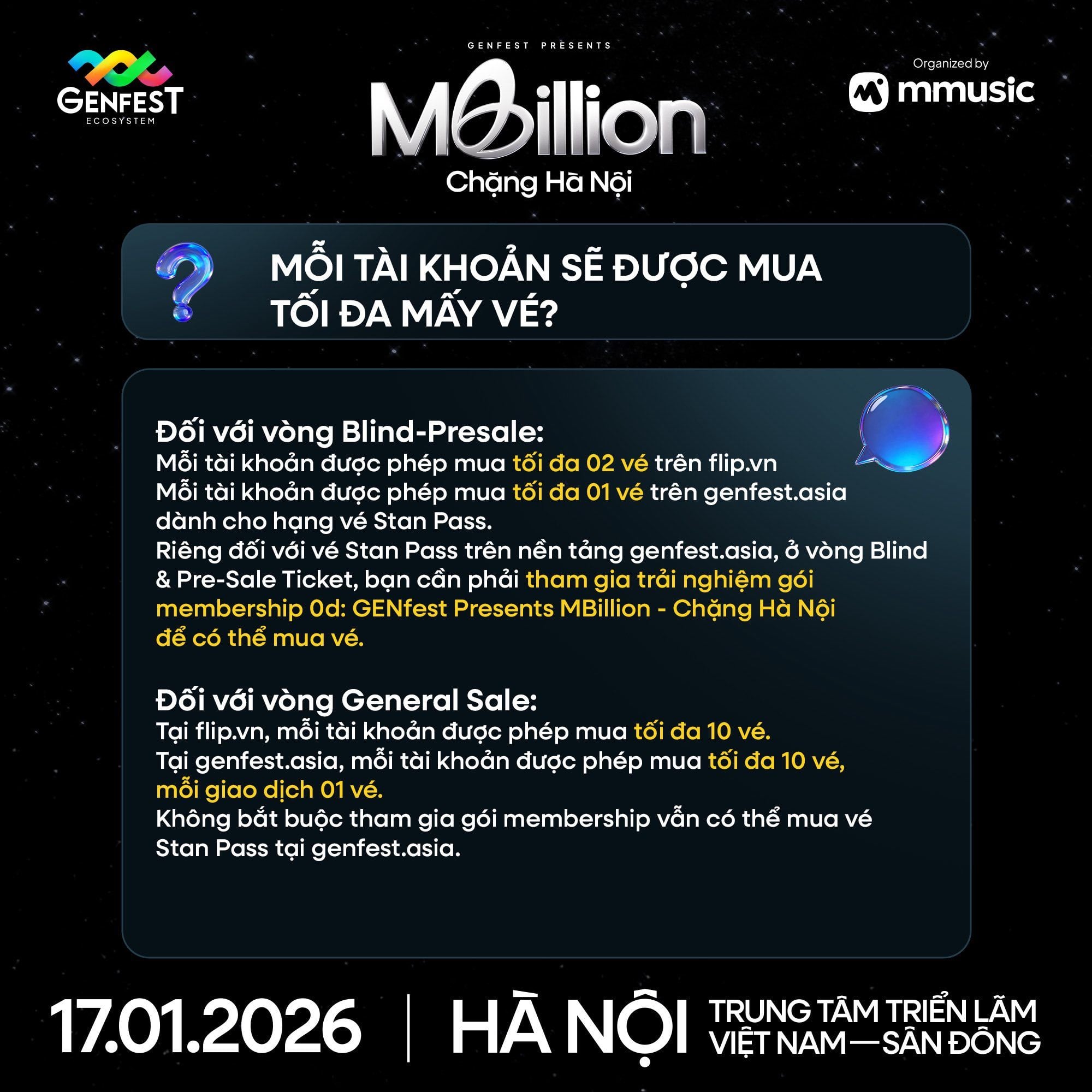 Poster thông báo GENfest Presents MBILLION Hà Nội 17.01.2026 – thông tin vé và hướng dẫn mua vé