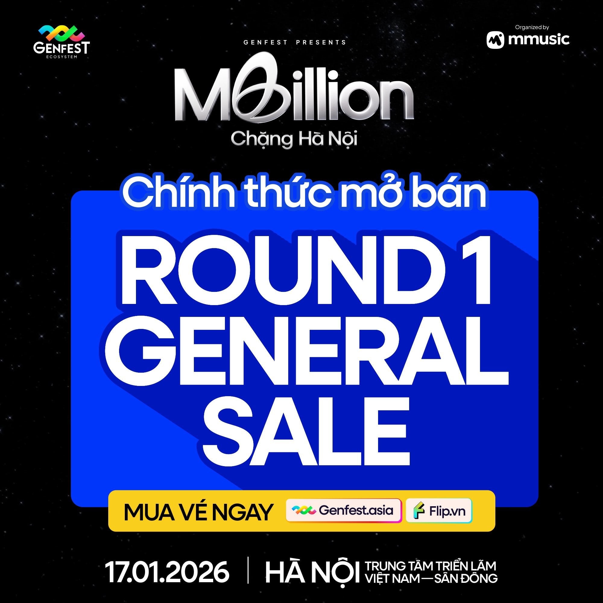 Poster thông báo GENfest Presents MBILLION Hà Nội 17.01.2026 – thông tin vé và hướng dẫn mua vé