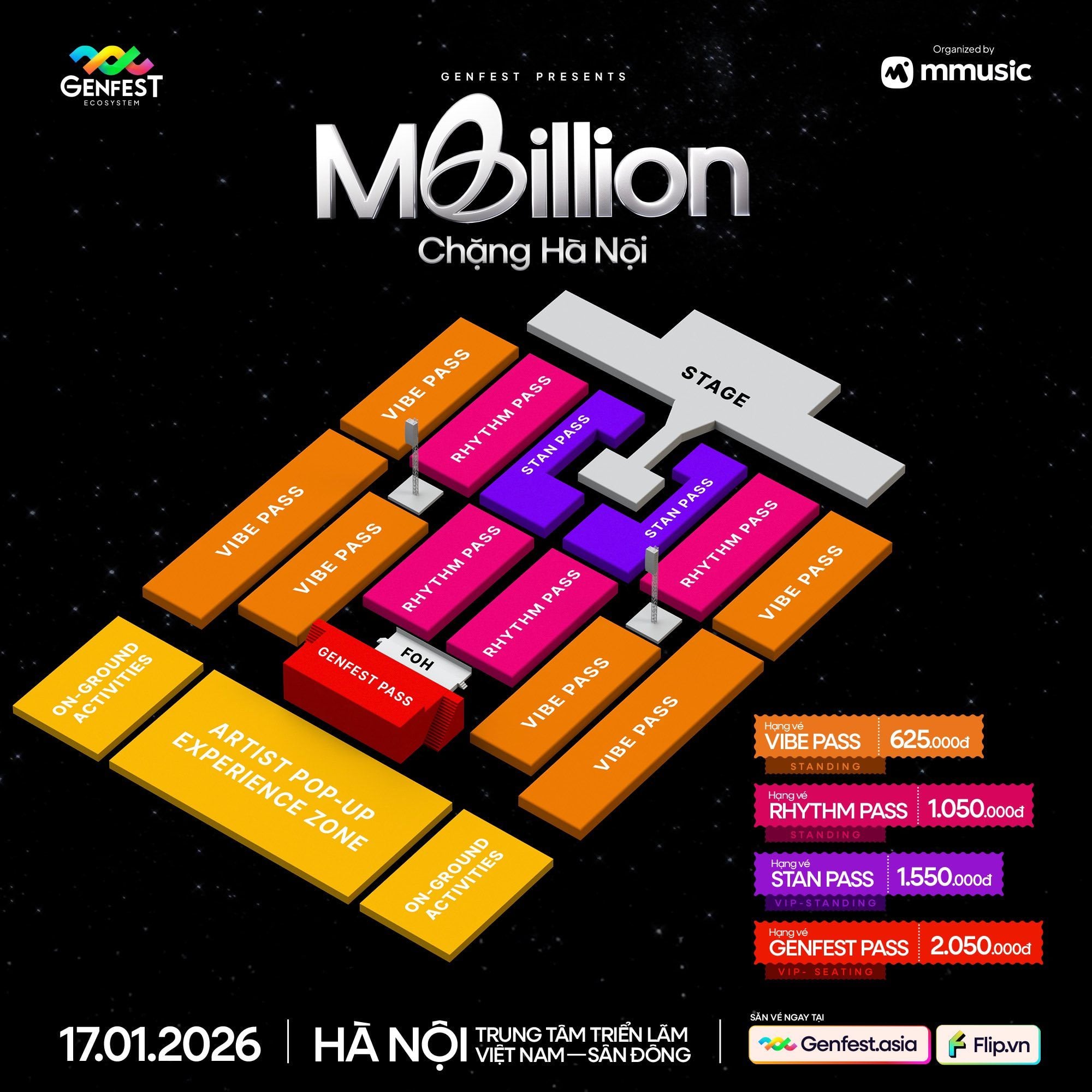 Poster thông báo GENfest Presents MBILLION Hà Nội 17.01.2026 – thông tin vé và hướng dẫn mua vé