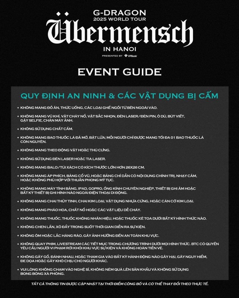Nội quy vật dụng cấm tại concert G-DRAGON 2025 Hà Nội
